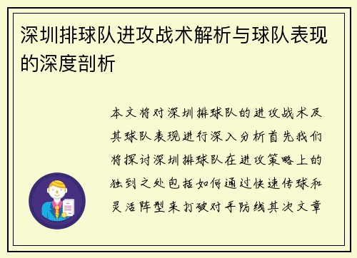 深圳排球队进攻战术解析与球队表现的深度剖析